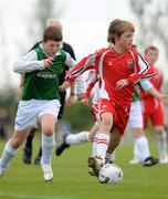 7 June 2008; Cian O'Donoghue, New Ross Celtic, in action against Fintan Brennan, Abbeyleix AFC, during the Danone Nations Cup National Finals, AUL Complex, Clonshaugh, Dublin. Picture credit: Ray McManus / SPORTSFILE  *** Local Caption *** send to Wexford and Laois papers