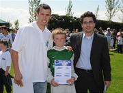 7 June 2008; Gary Cantwell, Abbeyleix Athletic, Co. Laois, was presented with his certificate by Alex Ericarde, Brand Manager, Danone Ireland, right and Keith Fahy, St. Patrick's Athletic, left. Danone Nations Cup National Finals, AUL Complex, Clonshaugh, Dublin. Picture credit: Ray McManus / SPORTSFILE