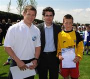7 June 2008; Ryan Delaney, New Ross Celtic, Wexford, was presented with his certificate by Alex Ericarde, Brand Manager, Danone Ireland, centre, and Joe Gamble, Cork City, left. Danone Nations Cup National Finals, AUL Complex, Clonshaugh, Dublin. Picture credit: Ray McManus / SPORTSFILE