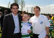 7 June 2008; Donal Lyne, Killarney Celtic, Co. Kerry, was presented with his certificate by Alex Ericarde, Brand Manager, Danone Ireland, left and Joe Gamble, Cork City, right. Danone Nations Cup National Finals, AUL Complex, Clonshaugh, Dublin. Picture credit: Ray McManus / SPORTSFILE