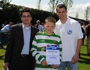 7 June 2008; Kyle Dixon, Trim Celtic, Co. Meath, was presented with his certificate by Alex Ericarde, Brand Manager, Danone Ireland, left and Keith Fahy, St. Patrick's Athletic, right. Danone Nations Cup National Finals, AUL Complex, Clonshaugh, Dublin. Picture credit: Ray McManus / SPORTSFILE