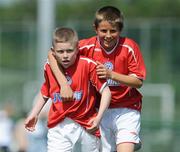 7 June 2008; Lee Delaney, left, celebrates scoring the third goal for Shelbourne FC with his team-mate Regan Donelon during the Danone Nations Cup National Final. Shelbourne FC, Dublin, v Willow Park, Athlone, Co. Westmeath. AUL Complex, Clonshaugh, Dublin. Picture credit: Ray McManus / SPORTSFILE