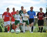 10 June 2008; eircom League stars come out in strength to support National Irish Bank FAI Summer Soccer Schools. At a photocall to promote this years National Irish Bank Summer Soccer Schools are Jessica Gleeson, age 9, from Whitestown, and Jordan Dempsey, age 9, from Mulhuddart, with eircom League players, from left, David McGill, Shelbourne, Joe O'Cearuill, St. Patrick's Athletic, Bradley Anderson, Shamrock Rovers, Matt Gregg, UCD, and Sean Byrne, Bohemians. Botanic Gardens, Dublin. Picture credit: Brian Lawless / SPORTSFILE