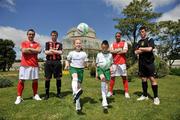 10 June 2008; eircom League stars come out in strength to support National Irish Bank FAI Summer Soccer Schools. At a photocall to promote this year's National Irish Bank Summer Soccer Schools are Jordan Dempsey, right, age 9, from Mulhuddart, and Jessica Gleeson, age 9, from Whitestown, with eircom League players, from left, David McGill, Shelbourne, Sean Byrne, Bohemians, Joe O'Cearuill, St. Patrick's Athletic, and Daniel Corcoran, Sporting Fingal. Botanic Gardens, Dublin. Picture credit: Brian Lawless / SPORTSFILE