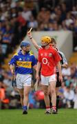 8 June 2008; Westmeath referee Barry Kelly shows the yellow card to Tipperary's Conor O'Brien and Cathal Naughton, Cork. GAA Hurling Munster Senior Championship Semi-Final, Cork v Tipperary, Pairc Ui Chaoimh, Cork. Picture credit: Ray McManus / SPORTSFILE