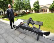 13 June 2008; Former Republic of Ireland manager Jack Charlton shares a joke as he stands over a statue before attending the EURO 88 team reunion celebrity lunch. Four Seasons Hotel, Dublin. Picture credit: David Maher / SPORTSFILE
