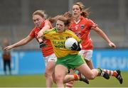 9 May 2015; Shannon McGroddy, Donegal, in action against Louise Kenny, Armagh. TESCO HomeGrown Ladies National Football League, Division 2 Final, Armagh v Donegal. Parnell Park, Dublin. Picture credit: Cody Glenn / SPORTSFILE
