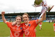 9 May 2015; Armagh teammates Fionnuala McKenna, left, and Caroline O'Hanlon celebrate with the cup. TESCO HomeGrown Ladies National Football League, Division 2 Final, Armagh v Donegal. Parnell Park, Dublin. Picture credit: Cody Glenn / SPORTSFILE