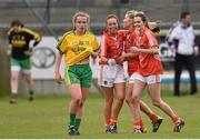 9 May 2015; Armagh teammates, right to left, Aimee Mackin, Kelly Mallon and Mags McAlinden celebrate at the final whistle as Kate Keeney, Donegal, walks off the pitch. TESCO HomeGrown Ladies National Football League, Division 2 Final, Armagh v Donegal. Parnell Park, Dublin. Picture credit: Cody Glenn / SPORTSFILE