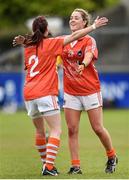 9 May 2015; Armagh teammates Niamh Henderson and Mairead Tennyson, 2, hug at the final whistle. TESCO HomeGrown Ladies National Football League, Division 2 Final, Armagh v Donegal. Parnell Park, Dublin. Picture credit: Cody Glenn / SPORTSFILE