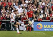 9 May 2015; Paddy Jackson, Ulster, kicks a conversion from the corner with the last kick of the game to draw the game. Guinness PRO12, Round 21, Ulster v Munster. Kingspan Stadium, Ravenhill Park, Belfast. Picture credit: Oliver McVeigh / SPORTSFILE