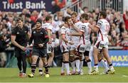 9 May 2015; Paddy Jackson, Ulster, centre, is congratulated by teammates after kicking a conversion from the corner with the last kick of the game to draw the match. Guinness PRO12, Round 21, Ulster v Munster. Kingspan Stadium, Ravenhill Park, Belfast. Picture credit: Oliver McVeigh / SPORTSFILE