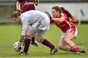 9 May 2015; Galway goal keeper Johanna Connolly, is pressured by Aisling Hutchings, Cork. TESCO HomeGrown Ladies National Football League, Division 1 Final, Cork v Galway. Parnell Park, Dublin. Picture credit: Cody Glenn / SPORTSFILE
