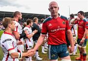 9 May 2015; Munster's Paul O'Connell shakes hands with Ulster's Paul Marshall after the game. Guinness PRO12, Round 21, Ulster v Munster. Kingspan Stadium, Ravenhill Park, Belfast. Picture credit: Ramsey Cardy / SPORTSFILE