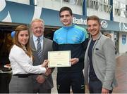 8 May 2015; Eithne Connolly, branch manager, Bank of Ireland DCU, and Michael Kennedy, DCU GAA Academy Director, in the company of Ross Munnelly, Fresher A football manager, right, presents a DCU GAA scholarship awards 2015 to Cadan McGonagle, Buncrana, Donegal. Dublin City University, Glasnevin, Dublin. Picture credit: Ray McManus / SPORTSFILE