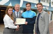 8 May 2015; Eithne Connolly, branch manager, Bank of Ireland DCU, and Michael Kennedy, DCU GAA Academy Director, in the company of Ross Munnelly, Fresher A football manager, right, presents a DCU GAA scholarship awards 2015 to Brian Shaughnessy, Ballinasloe, Galway. Dublin City University, Glasnevin, Dublin. Picture credit: Ray McManus / SPORTSFILE