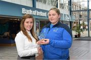 8 May 2015; Eithne Connolly, branch manager, Bank of Ireland DCU, presents a DCU GAA scholarship awards 2015 to Sophie Parkinson Brown, Gowran, Co Kilkenny. Dublin City University, Glasnevin, Dublin. Picture credit: Ray McManus / SPORTSFILE