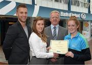 8 May 2015; Eithne Connolly, branch manager, Bank of Ireland DCU, and Michael Kennedy, DCU GAA Academy Director, in the company of Jonny Cooper DCU recruitment officer / ladies football coach, left, present a DCU GAA scholarship awards 2015 to Niamh Rickard, Fingallians, Dublin. Dublin City University, Glasnevin, Dublin. Picture credit: Ray McManus / SPORTSFILE