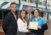 8 May 2015; Eithne Connolly, branch manager, Bank of Ireland DCU, and Michael Kennedy, DCU GAA Academy Director, in the company of Jonny Cooper DCU recruitment officer / ladies football coach, left, present a DCU GAA scholarship awards 2015 to Éabha Rutledge, Kilmacud Crokes, Dublin. Dublin City University, Glasnevin, Dublin. Picture credit: Ray McManus / SPORTSFILE