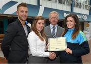 8 May 2015; Eithne Connolly, branch manager, Bank of Ireland DCU, and Michael Kennedy, DCU GAA Academy Director, in the company of Jonny Cooper DCU recruitment officer / ladies football coach, left, present a DCU GAA scholarship awards 2015 to Gráinne O'Loughlin, St Michael's, Sligo. Dublin City University, Glasnevin, Dublin. Picture credit: Ray McManus / SPORTSFILE