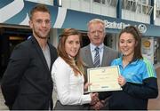 8 May 2015; Eithne Connolly, branch manager, Bank of Ireland DCU, and Michael Kennedy, DCU GAA Academy Director, in the company of Jonny Cooper DCU recruitment officer / ladies football coach, left, present a DCU GAA scholarship awards 2015 to Siobhán woods, Raheny, Dublin. Dublin City University, Glasnevin, Dublin. Picture credit: Ray McManus / SPORTSFILE
