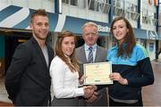 8 May 2015; Eithne Connolly, branch manager, Bank of Ireland DCU, and Michael Kennedy, DCU GAA Academy Director, in the company of Jonny Cooper DCU recruitment officer / ladies football coach, left, present a DCU GAA scholarship awards 2015 to Lucy Collins, Na Fianna GAA, Dublin. Dublin City University, Glasnevin, Dublin. Picture credit: Ray McManus / SPORTSFILE