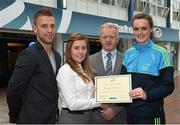 8 May 2015; Eithne Connolly, branch manager, Bank of Ireland DCU, and Michael Kennedy, DCU GAA Academy Director, in the company of Jonny Cooper DCU recruitment officer / ladies football coach, left, present a DCU GAA scholarship awards 2015 to Clodagh McManamon, Burrishroole, Co Mayo. Dublin City University, Glasnevin, Dublin. Picture credit: Ray McManus / SPORTSFILE