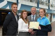 8 May 2015; Eithne Connolly, branch manager, Bank of Ireland DCU, and Michael Kennedy, DCU GAA Academy Director, in the company of Jonny Cooper DCU recruitment officer / ladies football coach, left, present a DCU GAA scholarship awards 2015 to Deirdre Murphy, St Brigid's, Dublin. Dublin City University, Glasnevin, Dublin. Picture credit: Ray McManus / SPORTSFILE