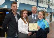 8 May 2015; Eithne Connolly, branch manager, Bank of Ireland DCU, and Michael Kennedy, DCU GAA Academy Director, in the company of Jonny Cooper DCU recruitment officer / ladies football coach, left, present a DCU GAA scholarship awards 2015 to Claire O'Brien, St Brigid's, Roscommon. Dublin City University, Glasnevin, Dublin. Picture credit: Ray McManus / SPORTSFILE