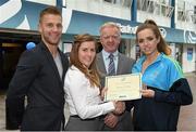 8 May 2015; Eithne Connolly, branch manager, Bank of Ireland DCU, and Michael Kennedy, DCU GAA Academy Director, in the company of Jonny Cooper DCU recruitment officer / ladies football coach, left, present a DCU GAA scholarship awards 2015 to Lorraine O'Shea, Mullanahone, Tipperary.  Dublin City University, Glasnevin, Dublin. Picture credit: Ray McManus / SPORTSFILE