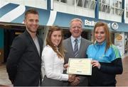 8 May 2015; Eithne Connolly, branch manager, Bank of Ireland DCU, and Michael Kennedy, DCU GAA Academy Director, in the company of Jonny Cooper DCU recruitment officer / ladies football coach, left, present a DCU GAA scholarship awards 2015 to Carol Hegarty, Kilmoremoy, Ballina, Mayo.  Dublin City University, Glasnevin, Dublin. Picture credit: Ray McManus / SPORTSFILE