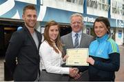 8 May 2015; Eithne Connolly, branch manager, Bank of Ireland DCU, and Michael Kennedy, DCU GAA Academy Director, in the company of Jonny Cooper DCU recruitment officer / ladies football coach, left, present a DCU GAA scholarship awards 2015 to Leah Caffrey, Na Fianna, Dublin. Dublin City University, Glasnevin, Dublin. Picture credit: Ray McManus / SPORTSFILE