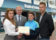 8 May 2015; Eithne Connolly, branch manager, Bank of Ireland DCU, and Michael Kennedy, DCU GAA Academy Director, in the company of Jonny Cooper DCU recruitment officer / ladies football coach, right, present a DCU GAA scholarship awards 2015 to Amy Bell, Holymount, Co Mayo. Dublin City University, Glasnevin, Dublin. Picture credit: Ray McManus / SPORTSFILE