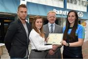 8 May 2015; Eithne Connolly, branch manager, Bank of Ireland DCU, and Michael Kennedy, DCU GAA Academy Director, in the company of Jonny Cooper DCU recruitment officer / ladies football coach, left, present a DCU GAA scholarship awards 2015 to Aisling Tarpey, Ballyhaunis, Mayo. Dublin City University, Glasnevin, Dublin. Picture credit: Ray McManus / SPORTSFILE