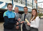 8 May 2015; Eithne Connolly, branch manager, Bank of Ireland DCU, and Michael Kennedy, DCU GAA Academy Director, in the company of Ross Munnelly, Fresher A football manager, right,  present Desmond Reynolds, Sean Connollys GAA, Longford, with the Footballer of the Year Award. Dublin City University, Glasnevin, Dublin. Picture credit: Ray McManus / SPORTSFILE