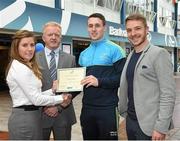 8 May 2015; Eithne Connolly, branch manager, Bank of Ireland DCU, and Michael Kennedy, DCU GAA Academy Director, in the company of Ross Munnelly, Fresher A football manager, right, presents a DCU GAA scholarship awards 2015 to Patrick Durcan, Castlebar Mitchels, Mayo. Dublin City University, Glasnevin, Dublin. Picture credit: Ray McManus / SPORTSFILE