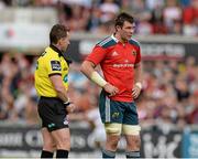 9 May 2015; Referee Nigel Owens, along with Peter O'Mahony, Munster. Guinness PRO12, Round 21, Ulster v Munster. Kingspan Stadium, Ravenhill Park, Belfast. Picture credit: Oliver McVeigh / SPORTSFILE