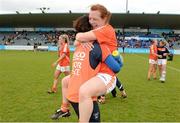 9 May 2015; Caoimhe Morgan, Armagh, celebrates with &quot;Maor Uisce&quot; Patricia McAvoy. TESCO HomeGrown Ladies National Football League, Division 2 Final, Armagh v Donegal. Parnell Park, Dublin. Picture credit: Cody Glenn / SPORTSFILE