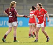 9 May 2015; Eimear Scally, Cork, shakes hands with Sarah Gormally, Galway, after the match ended in a tie. TESCO HomeGrown Ladies National Football League, Division 1 Final, Cork v Galway. Parnell Park, Dublin. Picture credit: Cody Glenn / SPORTSFILE