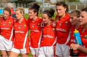 9 May 2015; Cork players, left to right, Aisling Hutchings, Valerie Mulcahy, Grace Kearney, Geraldine O'Flynn, Annie Walsh, Rhona Ni Bhuachalla and Orlagh Farmer react after the game finished with a tie. TESCO HomeGrown Ladies National Football League, Division 1 Final, Cork v Galway. Parnell Park, Dublin. Picture credit: Cody Glenn / SPORTSFILE