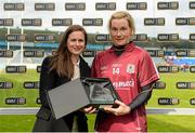 9 May 2015; Galway's Tracey Leonard is presented with the Player of the Match award by Lynn Moynihan, Tesco Marketing Manager. TESCO HomeGrown Ladies National Football League, Division 1 Final, Cork v Galway. Parnell Park, Dublin. Picture credit: Cody Glenn / SPORTSFILE