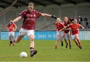 9 May 2015; Annette Clarke, Galway, kicks a penalty wide during the second half. TESCO HomeGrown Ladies National Football League, Division 1 Final, Cork v Galway. Parnell Park, Dublin. Picture credit: Piaras Ó Mídheach / SPORTSFILE
