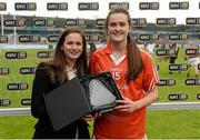 9 May 2015;  Armagh's Aimee Mackin is presented with the Player of the Match award by Lynn Moynihan, Tesco Marketing Manager. TESCO HomeGrown Ladies National Football League, Division 2 Final, Armagh v Donegal. Parnell Park, Dublin. Picture credit: Cody Glenn / SPORTSFILE