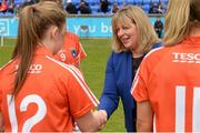 9 May 2015; Marie Hickey, LGFA president, greets Louise Kenny, Armagh. TESCO HomeGrown Ladies National Football League, Division 2 Final, Armagh v Donegal. Parnell Park, Dublin. Picture credit: Cody Glenn / SPORTSFILE