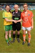 9 May 2015; Donegal Captain Katy Herron, Referee Gerry Carmody and Armagh Captain Caroline O'Hanlon. TESCO HomeGrown Ladies National Football League, Division 2 Final, Armagh v Donegal. Parnell Park, Dublin. Picture credit: Cody Glenn / SPORTSFILE