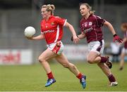 9 May 2015; Briege Corkery, Cork, in action against Barbara Hannon, Galway. TESCO HomeGrown Ladies National Football League, Division 1 Final, Cork v Galway. Parnell Park, Dublin. Picture credit: Cody Glenn / SPORTSFILE