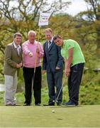 10 May 2015; It was a special moment for nine Irish golfers this weekend as they were unveiled as the Special Olympics athletes who will be representing Ireland at the World Summer Games, which are taking place is Los Angeles in July. One of Ireland’s most successful golfers, Christy O’Connor Junior, and three-time Olympian and former 5,000m World Champion, Senator Eamonn Coghlan joined the team at the launch, where it was also announced that Gala, one of Ireland’s foremost convenience Groups, has joined the Special Olympics as one of the Official Sponsors of Team Ireland. Pictured at the unveiling of Team Ireland’s golfing squad are Matt English, CEO of Special Olympics Ireland, Christy O’Connor Jr, Gary Desmond, CEO of Gala, and Leo O'Brien, from Wicklow,  who is one of the Special Olympics golfers who will represent Ireland at the World Games. Carton House, Dublin. Picture credit: Ray McManus / SPORTSFILE