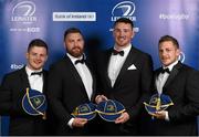 9 May 2015; Leinster Rugby departees with their caps, from left, Sam Coghlan Murray, Sean McCarthy, Ben Marshall and Jimmy Gopperth at the Leinster Rugby Awards Ball. The Leinster Rugby Awards Ball took place, at the Double Tree by Hilton hotel, Dublin, in front of over 500 attendees as Leinster Rugby celebrated the achievements of those both on and off the field in both the domestic and the professional game. On the night Sean Cronin was awarded the Bank of Ireland Leinster Rugby Players' Player of the Year and Jack Conan was awarded the Samsung Galaxy S6 Young Player of the Year award. RTÉ's Darragh Maloney was MC for the evening as Leinster Rugby Head Coach Matt O'Connor, Captain Jamie Heaslip and the rest of the players also took the opportunity to celebrate the careers of Leinster Rugby stalwarts Gordon D'Arcy and Shane Jennings. Picture credit: Stephen McCarthy / SPORTSFILE