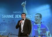 9 May 2015; Leinster's Shane Jennings speaking at the Leinster Rugby Awards Ball. The Leinster Rugby Awards Ball took place, at the Double Tree by Hilton hotel, Dublin, in front of over 500 attendees as Leinster Rugby celebrated the achievements of those both on and off the field in both the domestic and the professional game. On the night Sean Cronin was awarded the Bank of Ireland Leinster Rugby Players' Player of the Year and Jack Conan was awarded the Samsung Galaxy S6 Young Player of the Year award. RTÉ's Darragh Maloney was MC for the evening as Leinster Rugby Head Coach Matt O'Connor, Captain Jamie Heaslip and the rest of the players also took the opportunity to celebrate the careers of Leinster Rugby stalwarts Gordon D'Arcy and Shane Jennings. Picture credit: Stephen McCarthy / SPORTSFILE