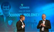 9 May 2015;  Guinness Hall of Fame recipient Johnny Moloney in conversation with MC Darragh Maloney at the Leinster Rugby Awards Ball. The Leinster Rugby Awards Ball took place, at the Double Tree by Hilton hotel, Dublin, in front of over 500 attendees as Leinster Rugby celebrated the achievements of those both on and off the field in both the domestic and the professional game. On the night Sean Cronin was awarded the Bank of Ireland Leinster Rugby Players' Player of the Year and Jack Conan was awarded the Samsung Galaxy S6 Young Player of the Year award. RTÉ's Darragh Maloney was MC for the evening as Leinster Rugby Head Coach Matt O'Connor, Captain Jamie Heaslip and the rest of the players also took the opportunity to celebrate the careers of Leinster Rugby stalwarts Gordon D'Arcy and Shane Jennings. Picture credit: Stephen McCarthy / SPORTSFILE